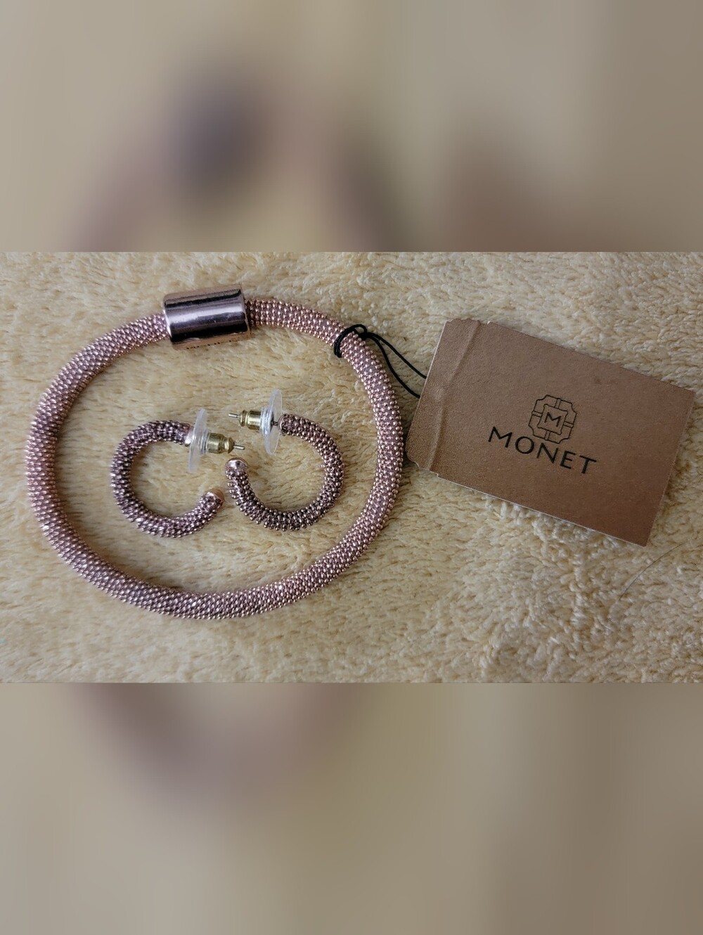 Monet Rose Gold Textured Bracelet and Hoop Earring Set